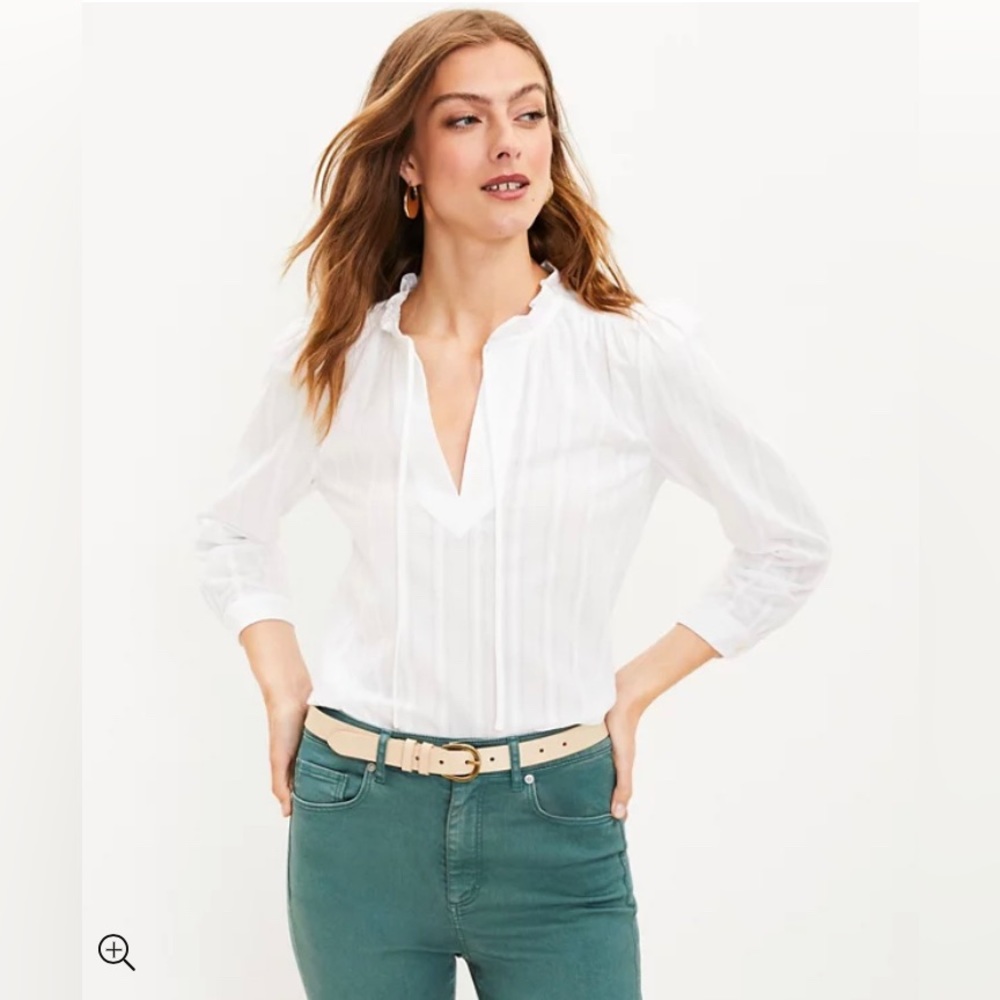 LOFT NWT Striped Ruffle Tie Neck Blouse‎ - White